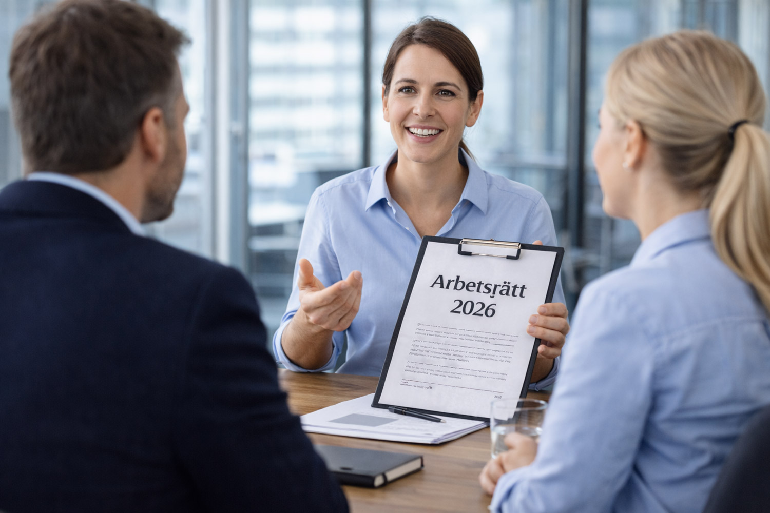 Samtal mellan rådgivare och arbetsgivare om nya regler inom arbetsrätt 2026.