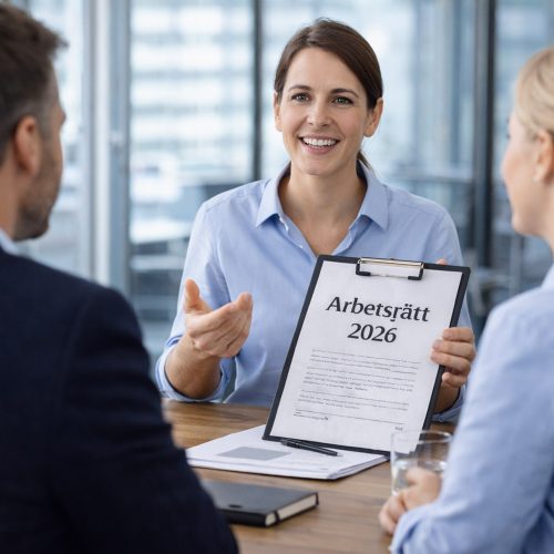 Samtal mellan rådgivare och arbetsgivare om nya regler inom arbetsrätt 2026.